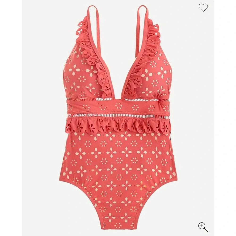 J.Crew Scalloped Ruffle Plunging‎ One-piece in Laser-cut Eyelet Pink size 8